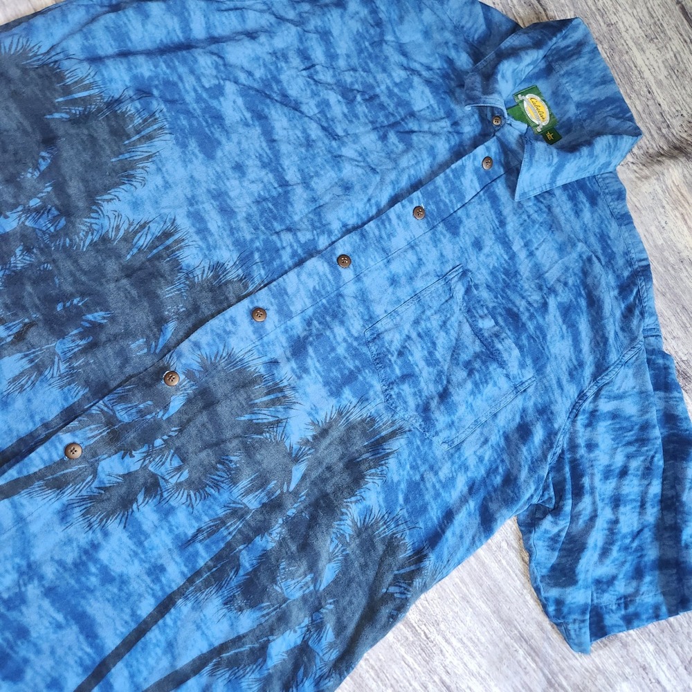 Cabela's‎ Mens Large Tall Rayon Blue Tropical Palm Tree Print Button Up Shirt
